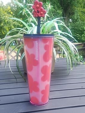 Starbucks Pink Floral Insulated Travel Tumbler with Flower Top Straw